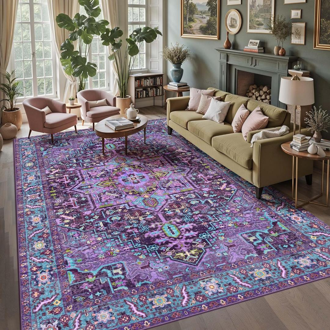 Kokia 9x12 Washable Area Rugs Violet Purple with Vintage Orient Design, Soft Rug for Living Room or Bedroom, Non-Slip Low Pile Stain Resistance Features, Distressed Medallion Pattern (I.violet/Blackberry/Turquoise/Wine)