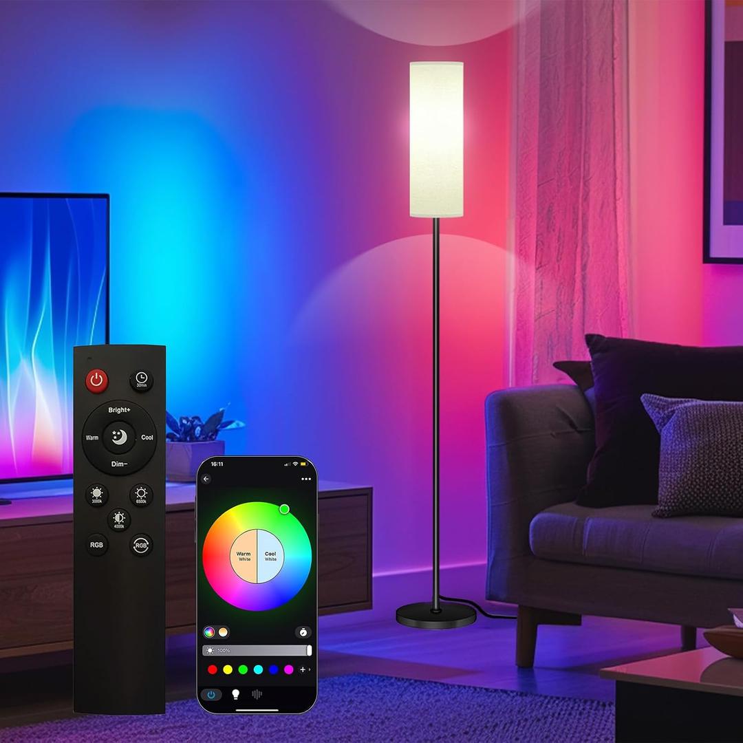 Qaubauyt Smart LED Floor Lamp with APP Control & RGB Colors - Dimmable Standing Lamp for Living Room, Bedroom, Gaming - Remote, Timer, 9W Bulb Included, 67" Modern Tall Lamp (black pole + white shade)