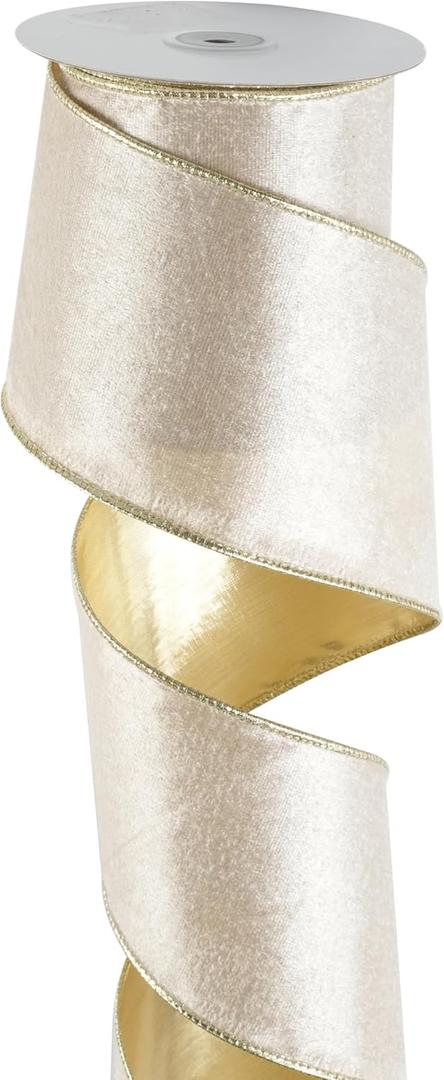 Champagne Wired Ribbon 4 Inch x 10 Yards Champagne Gold Velvet Ribbon for Gift Wrapping, Christmas Tree Decorations, Large Bows, Wreath & Garlands