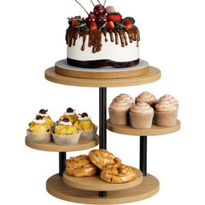 Cupcake Holder for 50 Cupcakes 4 Tier Wooden Cake Stand 360°Rotatable Dessert Stands Round Tiered Tray Stand for Party Birthday Wedding Baby shower Afternoon Tea Dessert Table, Rustic Oak