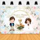 Nuestra Primera Comunin Backdrop 7x5ft Baptism God Bless First Holy Communion Background Party Decorations Blue Pink Floral Christening Banner Photo Booth Props