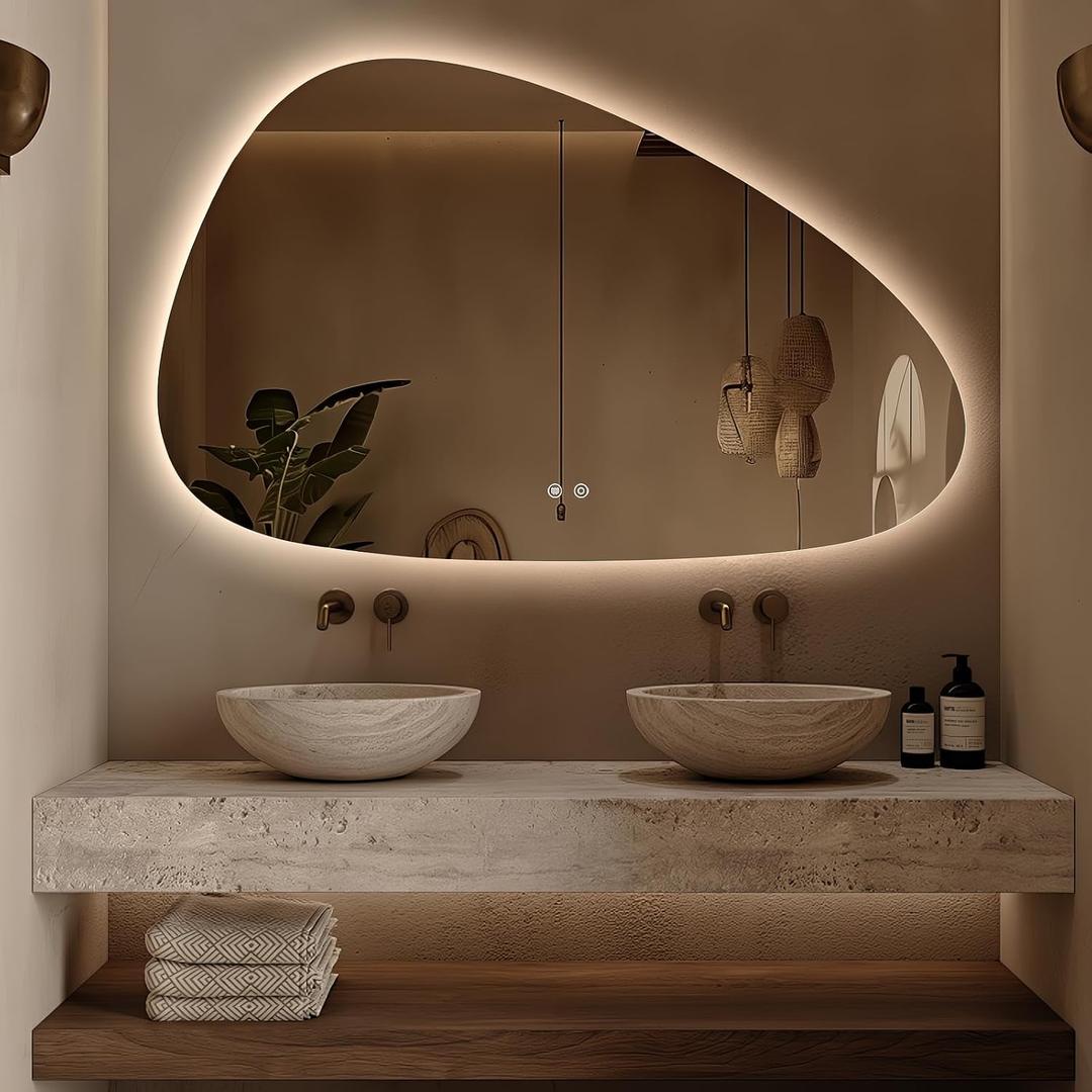 Niccy Irregular LED Bathroom Mirror, 30"x48" Asymmetrical Backlit Vanity Wall Mirrors, Light up Mirrors for Bedroom, Living Room, Modern Smart-Mirror with Anti-Fog, Dimmable, Memory Function