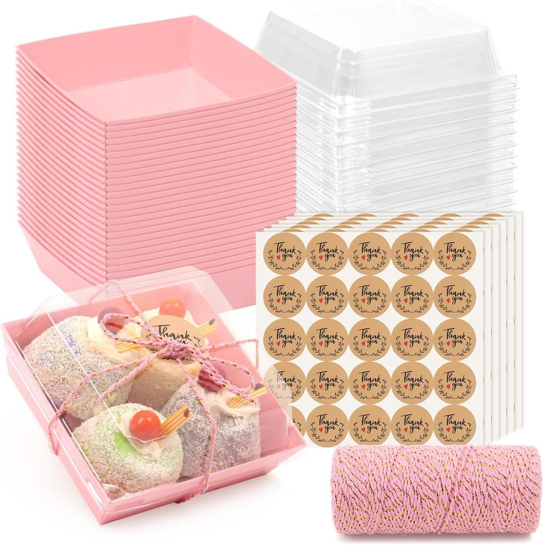 150 Pack Charcuterie Boxes with Clear Secure Lids, 4.7x4.7x2.6 Inches Pink Square Disposable Take Out Containers Cookies Boxes for Sandwich, Pastry, Dessert