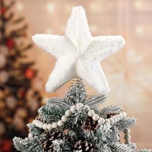 Soulchen 8.6 Inch White Christmas Star Tree Topper Glitter Fur Christmas Tree Star Xmas Plush White Rustic Decor for Holiday Seasonal Home Indoor Outdoor Decorations, White