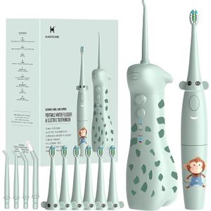 HUACOCARE Kids Water Flosser & Electric Toothbrush Combo | Giraffe & Monkey Design | 3 Gentle Modes & 2 Sonic Modes | All-in-One for Healthy Brushing Habits |Braces-Friendly | Gift for Boys & Girls (Lightgreen)