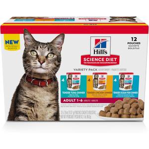 Hill's Science Diet Adult 1-6, Adult 1-6 Premium Nutrition, Wet Cat Food, Variety Pack: Tuna, Chicken, Ocean Fish Stew, 2.8 oz Pouch Variety Pack, Case of 12, Best Before JUL 30/2026