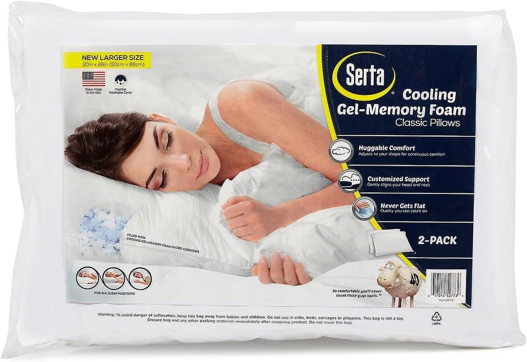 Serta Gel Memory Foam Pillows (Set of 2) Standard 20x26 Cooling Technology Plus Bonus Pillow Protectors-(Set of 2)