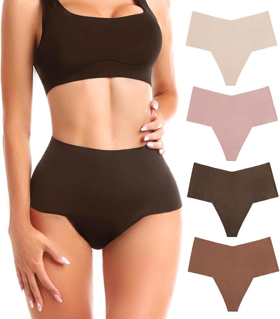 SINOPHANT Seamless Thongs for Women, High Waisted Thong Underwear No Show Panties for Ladies 4 Packs, S