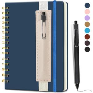 Small Spiral Notebook (Navy) - 5.7"x 8.27", 160 Lined Pages - A5 Travel Journal for Women Men Kids, w/Pen Holder & Pen, Hardcover, for Writing, Gifts