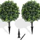 LXNRMHCH 27.2" Artificial Boxwood Topiary Set of 2 with Spike, Fake Plants Boxwood Balls Greenery Bushes, Uv Resistant Artificial Outdoor Plants Shrubs for Front Porch Decor, Home Faux Plants Indoor