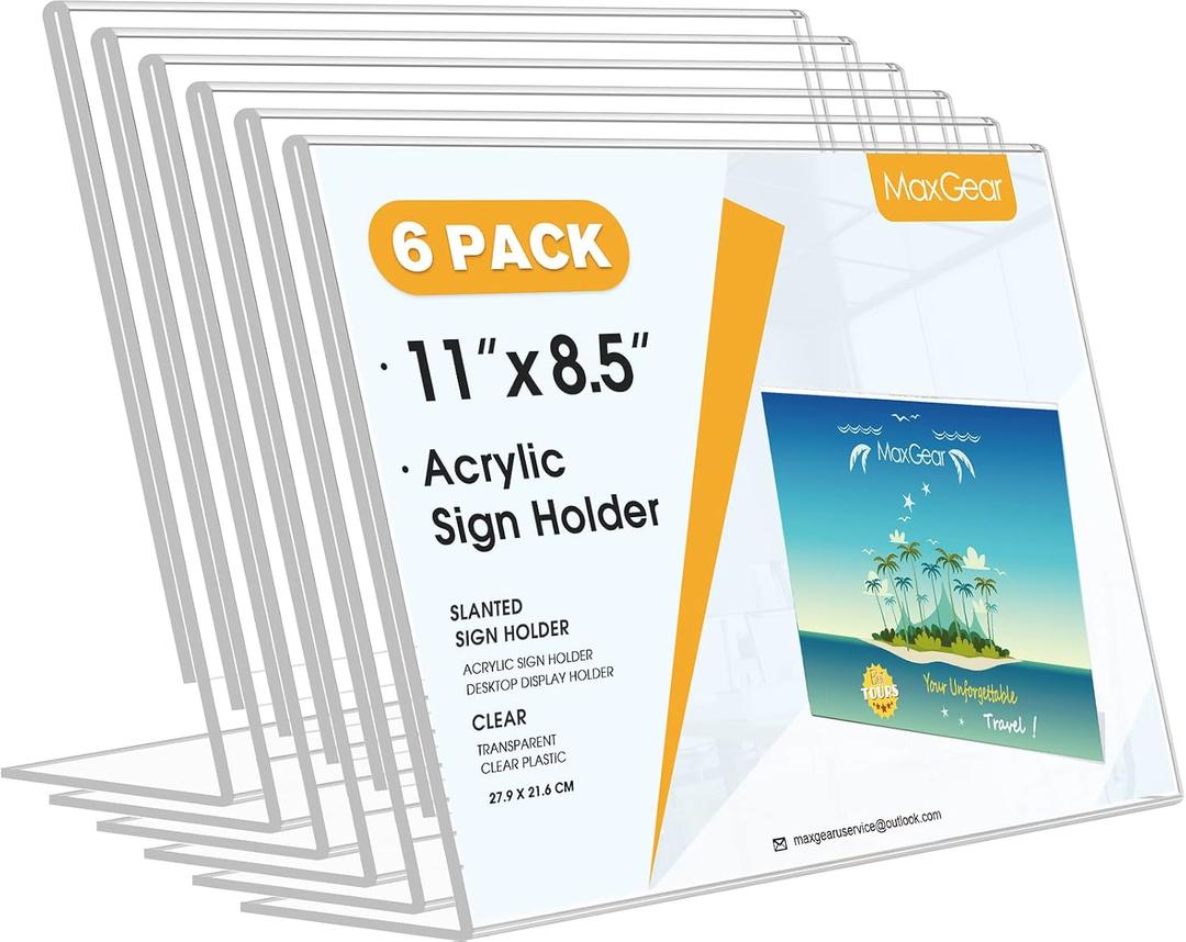 MaxGear Acrylic Sign Holder 8.5x11 Inches Horizontal 6 Pack, Slant Back Clear Tabletop Display Stands for Flyers Menus Documents, Landscape Sign Frames