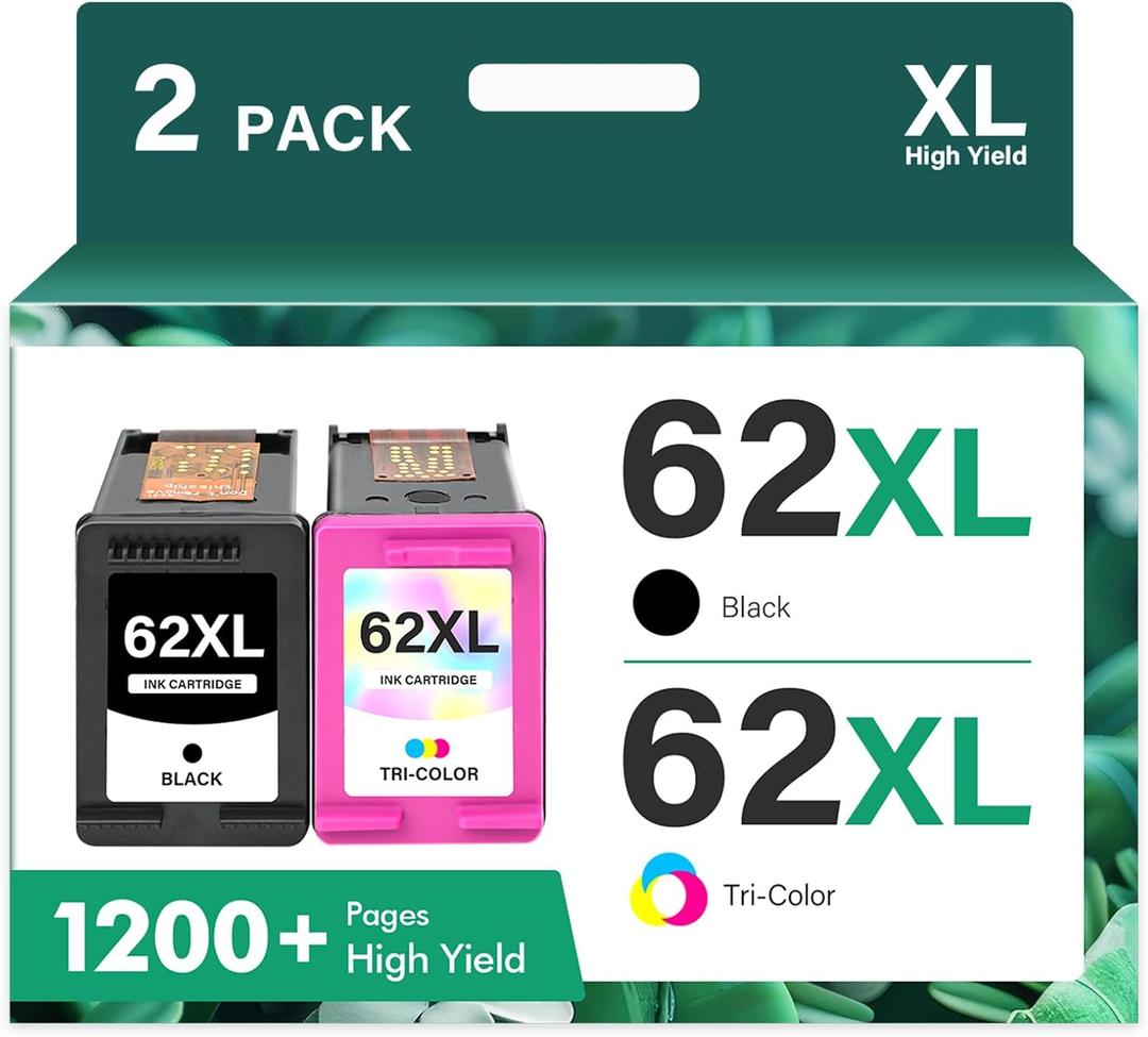 62XL 62 Ink Cartridges Black and Color Combo Pack Envy 7640 Remanufactured Replacement for HP 62XL 62 Ink Envy 5660 5540 7645 5740 5746 OfficeJet 250 200 Printer,Black,Tri-Color,2-Pack