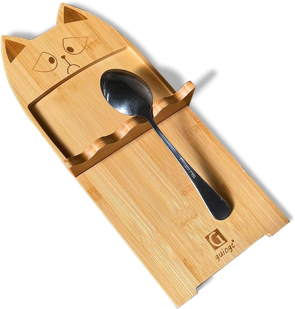 Cat-shaped Bamboo Spoon Tray with Drip Chute, Spoon Rest for Stove Top for Spoons, Coffee Spoon, Ladles, Tongs & More (Long)