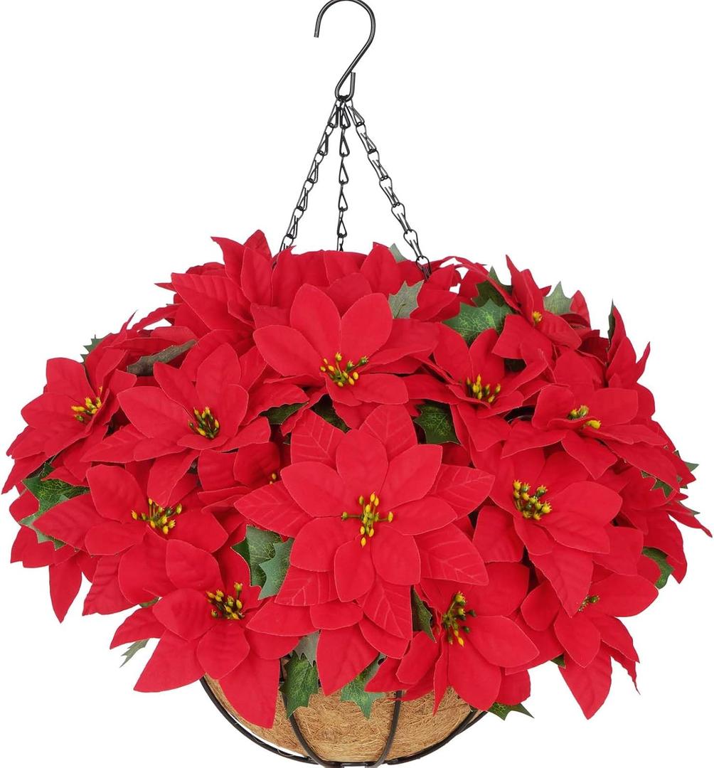 BLEUM CADE Artificial Christmas Flowers Hanging Poinsettias with Basket for Outdoors, Artificial Hanging Red Poinsettias for Xmas Decoration, UV Resistant Faux Flowers Christmas Decorations (1 pack)