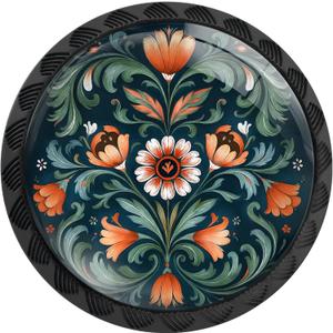 4 Pack Norwegian Rosemaling Folk Style Green Flower Cabinet Knobs Round Drawer Pulls Black Dresser Knob Cupboard Door Handles Hardware for Kitchen Bathroom Cabinets, 4PCS - 1.37"L x 1.1"W