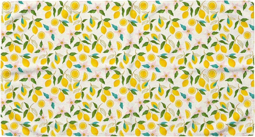 Yellow Lemon Beach Towel 30x60 Inch, Mediterranean Summer Citrus Lemon Floral Oversized Bath Towel Blanket for Bathroom Travel Swimming Pool Spa Yoga Camping