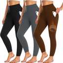 3 Pack Fleece Lined Leggings Women with Pockets -Warm Winter Yoga Pants for Women Thermal Running Workout Leggings (Small-Medium, Black/Grey/Brown)