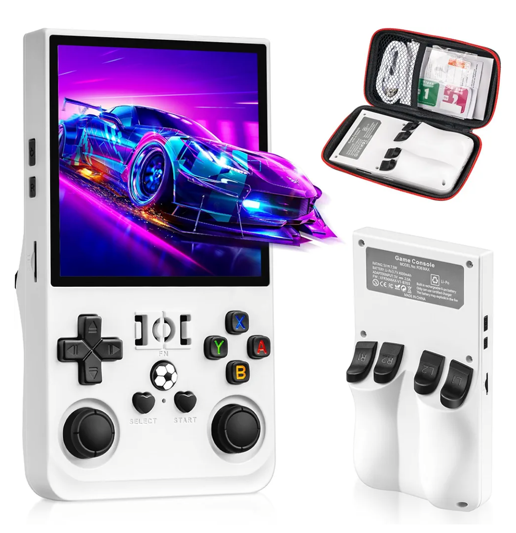 R36MAX Retro Game Console, Handheld Game Console with 4.0-in IPS HD Screen，Video Game Consoles with 64GB Memory, Portable Games Consoles with Storage Bag（White）