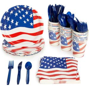 144 Piece Patriotic Party Supplies, American Flag Plates, Napkins, Cups, Cutlery for 4th of July, Memorial Day Decorations for American Themed Party, Citizenship Party (Serves 24)
