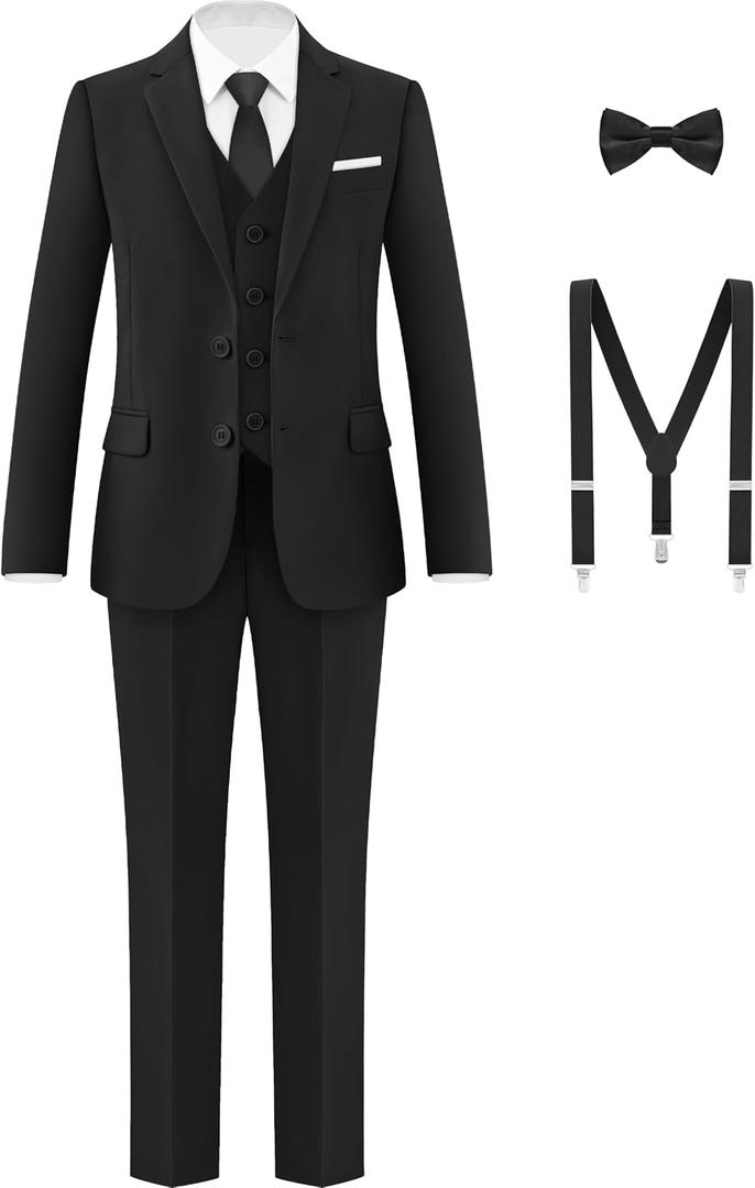 Boys Formal Suits Set, from Toddlers to Teen, Adjustable Waist, with Suspenders (Black, US 16)