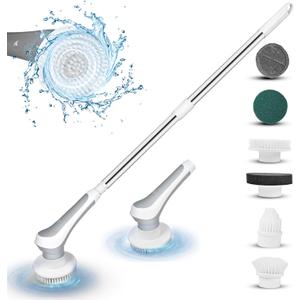 Electric Spin Scrubber Cordless, Power Electric Scrubber with Long Handle, Adjustable Extension Handle, Adjustable Cleaning Brush with 6 Brush Heads for Bathroom, Kitchen Cleaning