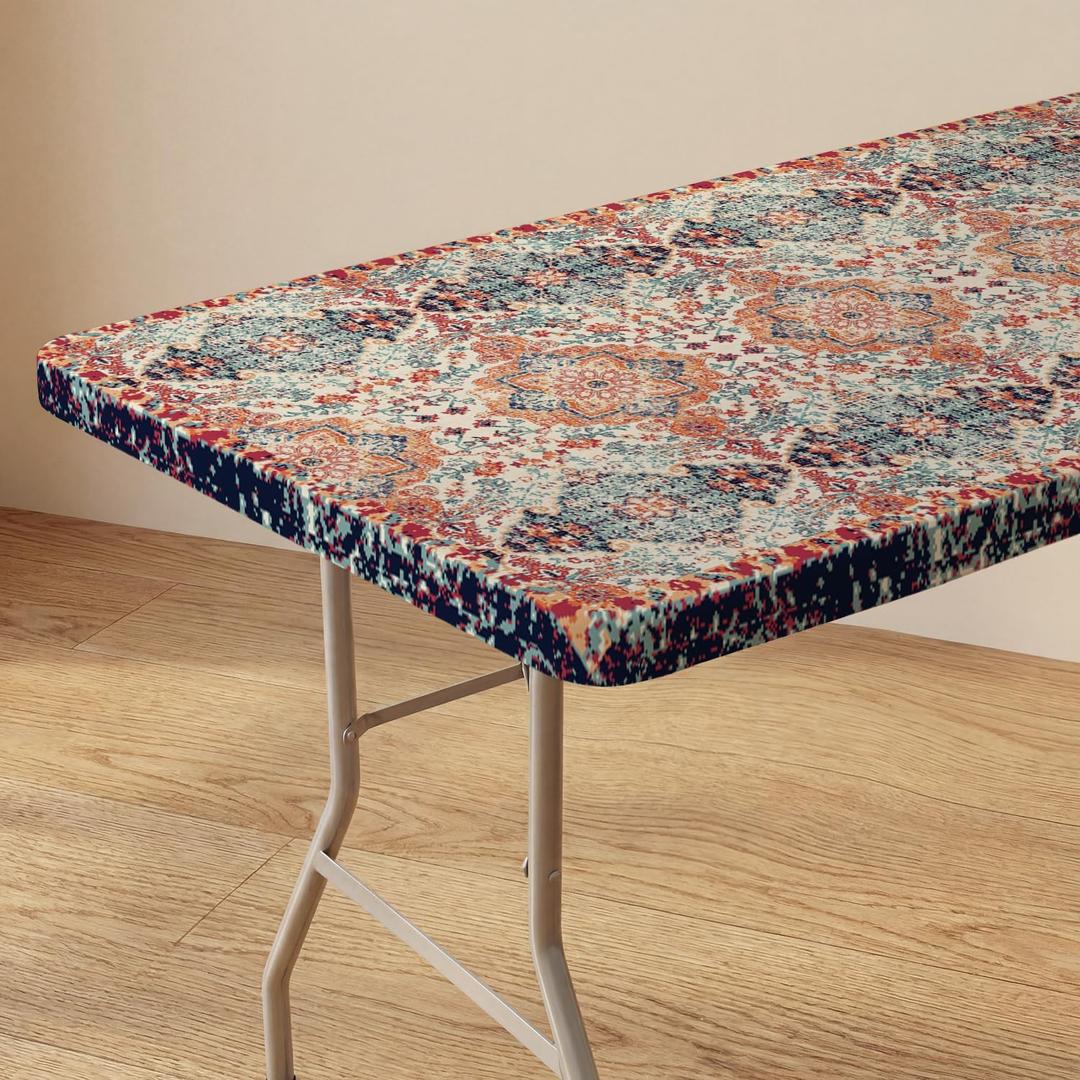 Horaldaily Regular Fitted Tablecloth 72 x 30 Inch Rectangular, Boho Bohemia Vintage Country Rustic Farmhouse Washable Table Cover Elastic Edged for Dinning, Picnic, Camping, Banquet