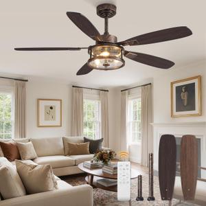 Fanbulous Farmhouse Ceiling Fan with Light and Remote, 52" Black Rustic Flush Mount Ceiling Fans for Bedroom Living Room, Industrial Caged Ceiling Fan for 6 Speed Reversible Motor, 5 Dual Blades