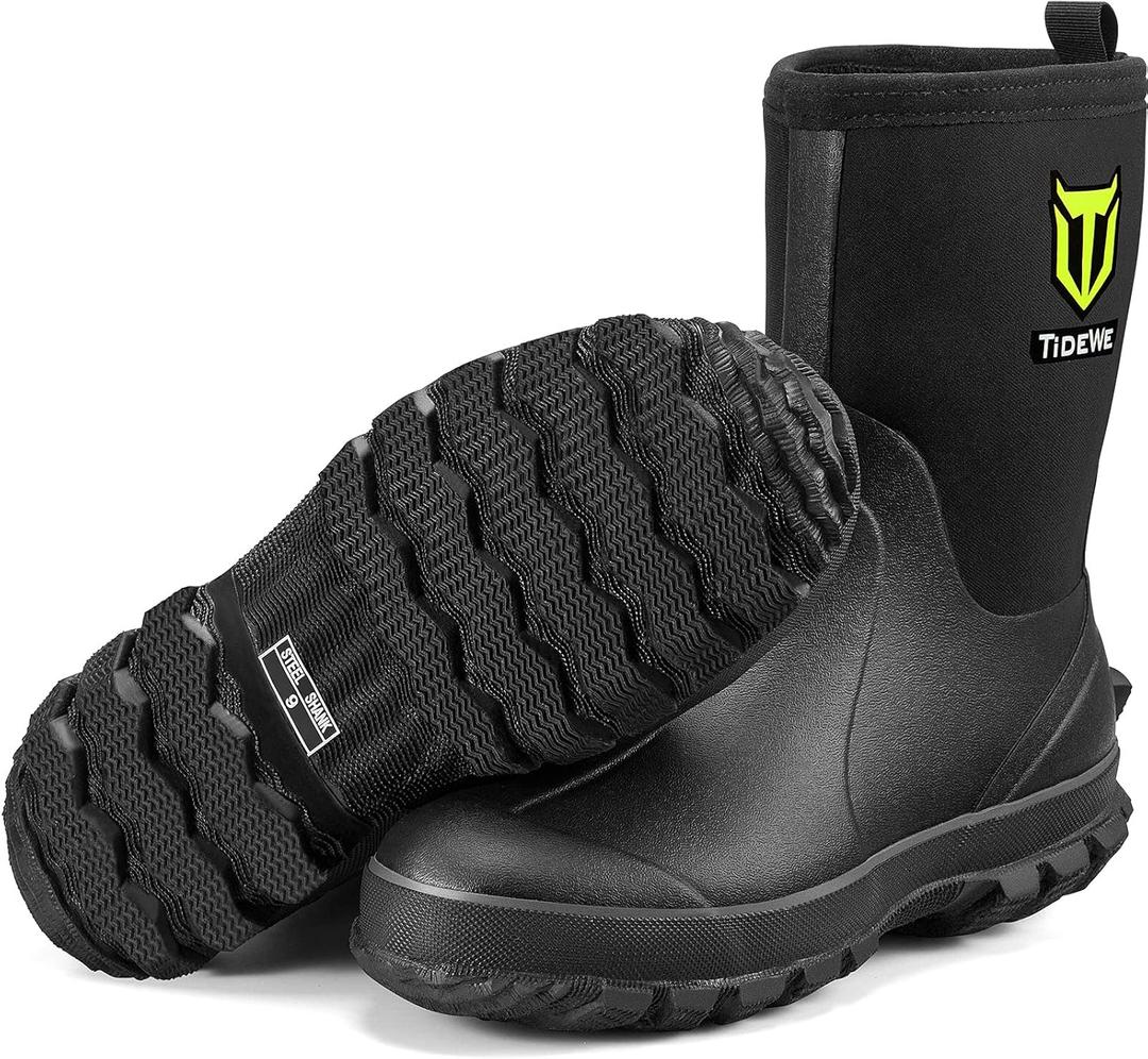 TIDEWE Rubber Boots for Men, 5.5mm Neoprene Insulated Rain Boots with Steel Shank, Waterproof Mid Calf Hunting Boots, Sturdy Rubber Work Boots for Farming Gardening Fishing (11, Black)