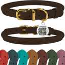 BronzeDog Rolled Leather Dog Collar with QR ID Tag, Adjustable Soft Round Collars for Small Medium Large Dogs Puppy (14" - 16" Neck Size, Brown)