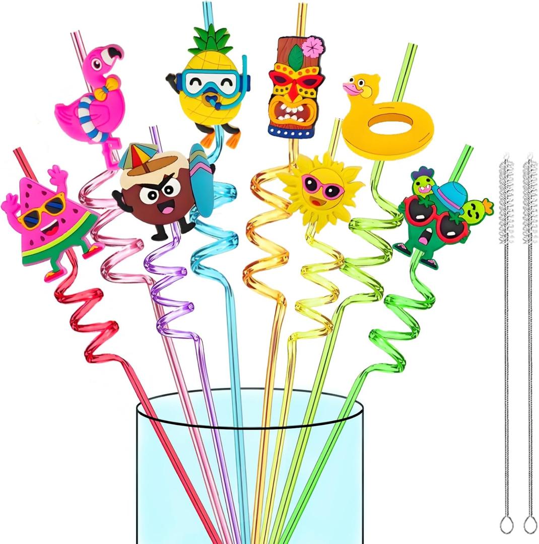 Hawaiian Luau Party Favor Drinking Straws 24Pcs -Summer Beach Pool Birthday Party Supplies-Crazy Silly Straws -Reusable Plastic Drink Straw for Tropical Luau Theme Party Decorations+2 Cleaning Brushes
