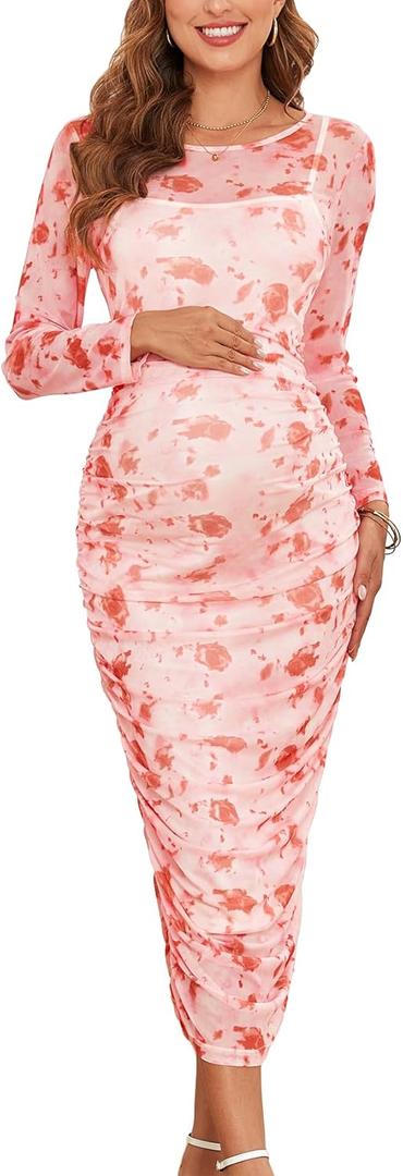 AISWI Maternity Mesh Dress Ruched Side Round Neck Pregnancy Dresses Baby Shower Wedding Guest Cocktail Party 2025 Fall (Medium, Floral Pink, Size Down for Best)