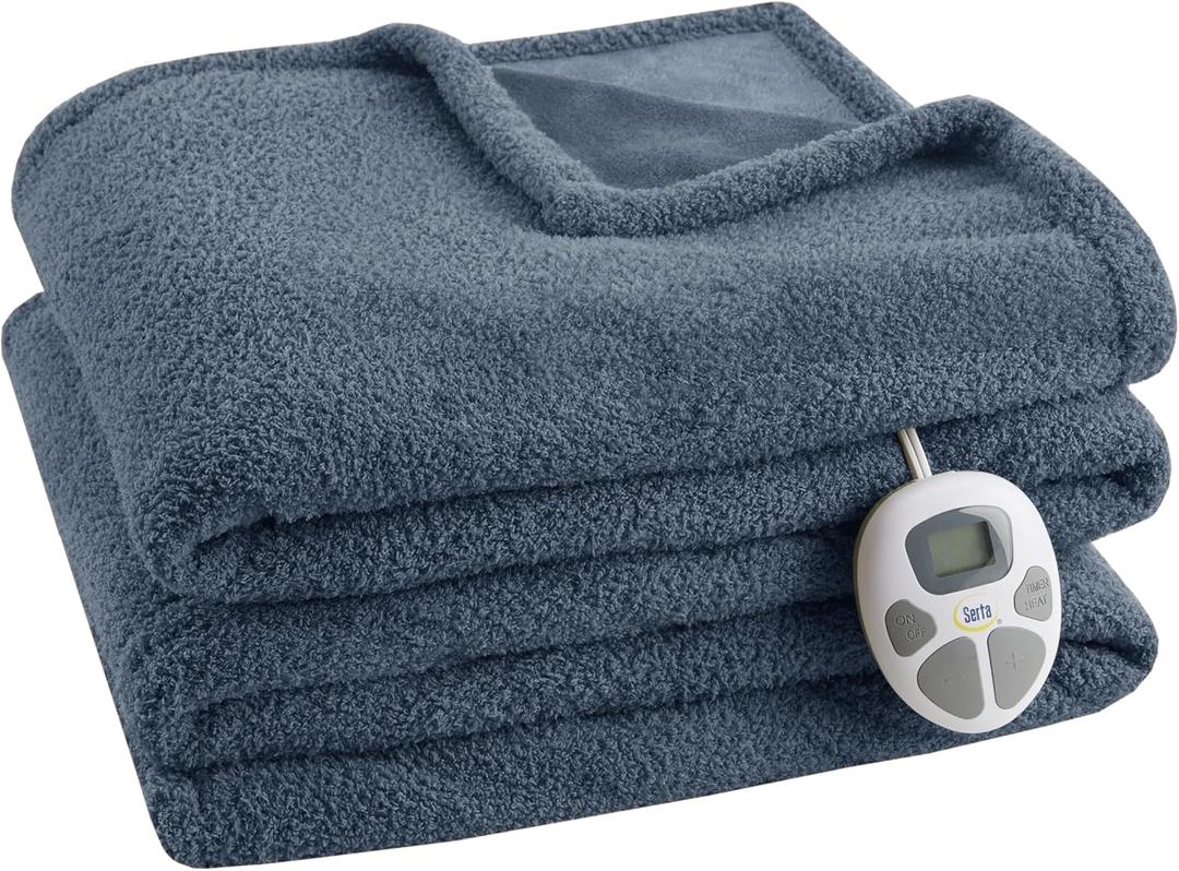 Serta Heated Blanket, Electric Twin Size, Soft, Warm, Fuzzy - Auto Shut Off Timer, 10 Lv Heat Setting, ETL Certified, 62" x 84" Navy