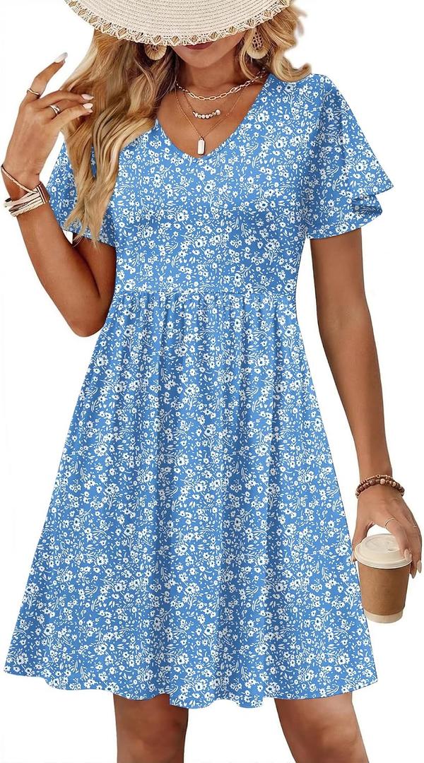 Zeagoo Womens Summer Dress Casual Swing Wedding Guest Dress Floral Ruffle Short Sleeve Sundresses Beach Mini Dress 2026 (Blue, L)