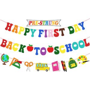 3 x Welcome Back to School Decorations, Happy First Day Banner for Classroom | Pre Strung, No Glitter Mess, No Tangled, 350G Cardstock, 9.8FT/3M String, Ideal for School Home Party Home Bulletin Board