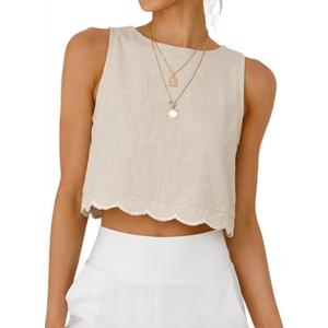 IDEALSANXUN Womens High Neck Linen Tank Tops Spring Summer Scallop Hem Cropped Sleeveless Shirts Blouses (Small, Beige)