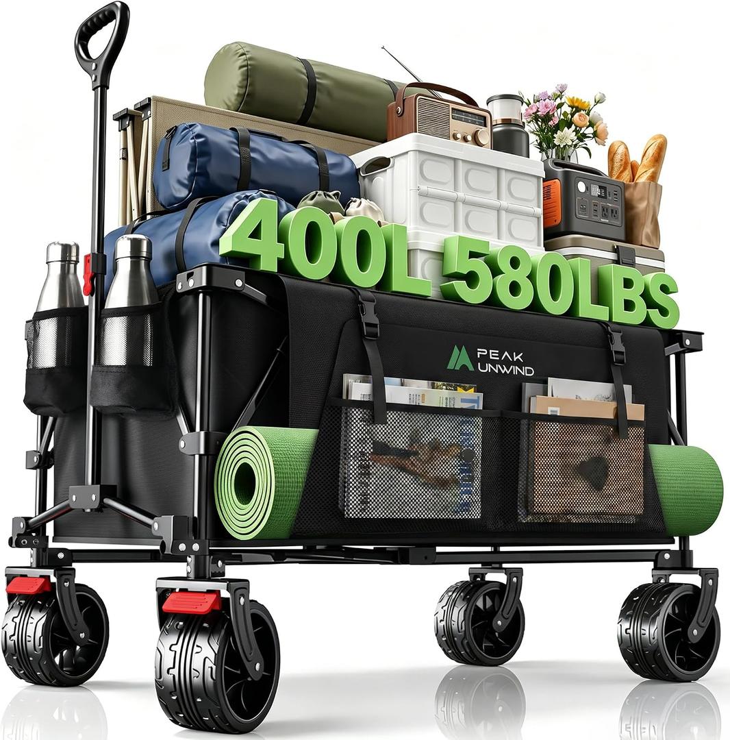 400L Folding Wagon Cart with Brakes & Removable Table, 580lbs Heavy Duty Collapsible Wagon, Big All-Terrain Wheels for Camping, Sports, Grocery, Outdoor - Black