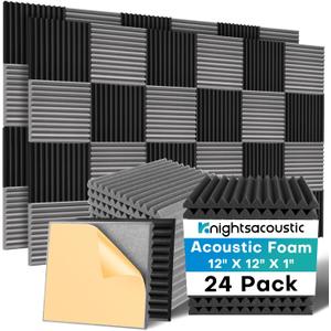 Knightsacoustic 24 Pack Sound Proof Foam Panels with Self Adhesive, 12x12x1 Fire Resistant Acoustic Foam Panels, High Density Acoustic Panels Sound Absorbing, Studio Noise Cancelling Black Grey