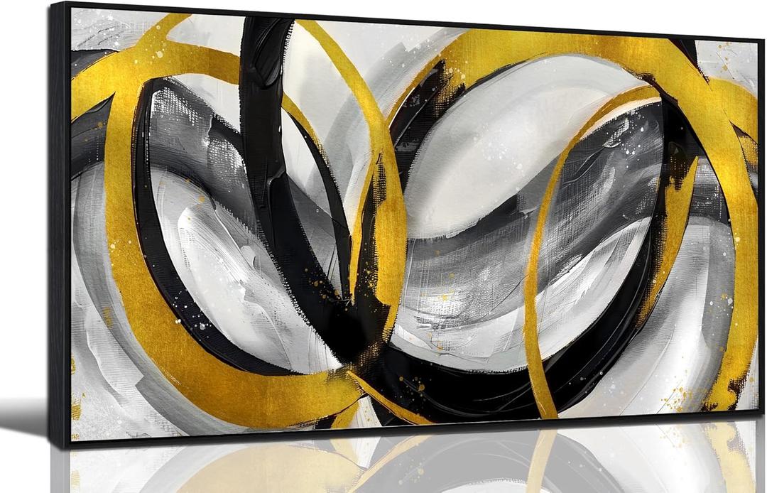 Abstract Living Room Pictures Wall Decor - Modern Black and Gold Wall Art for Office - Black Framed Wall Art for Bedroom Size 20" x 40"