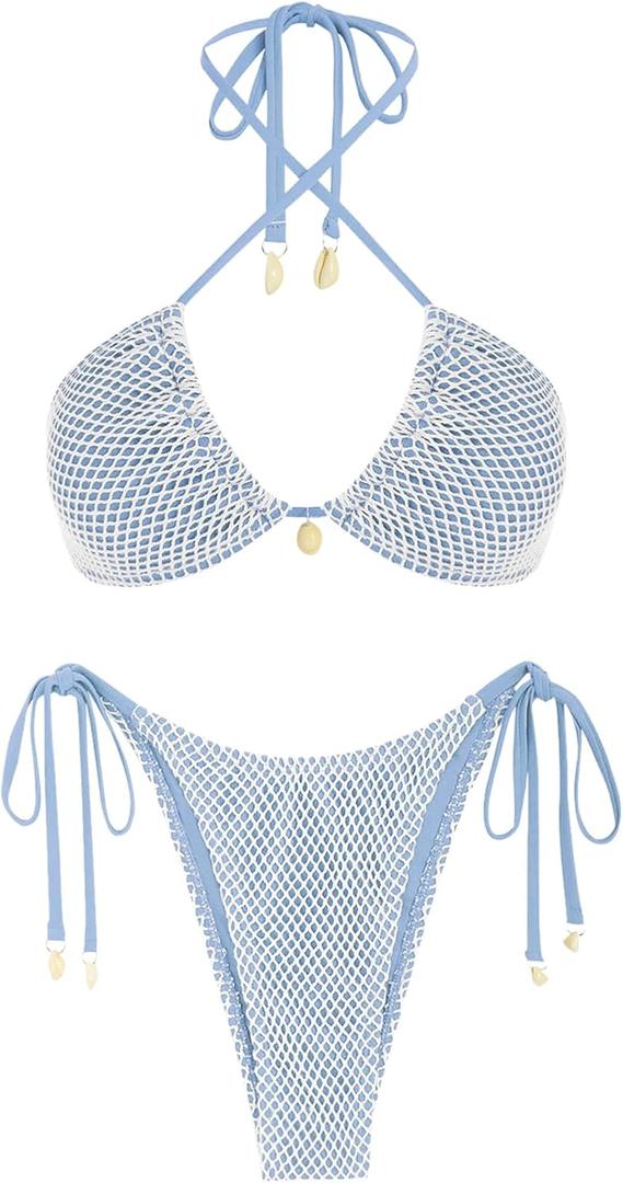 ZAFUL Women's Triangle Bikini Multiway Fishnet Tie Side Bandeau Halter String Bikini Set Two Piece Swimsuit Bathing Suits (X-Large, 1-light Blue)