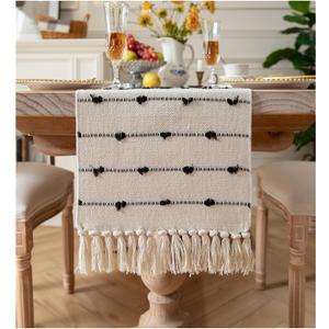 Caflife Boho Table Runner 90 Inchs Long for Modern Farmhouse Room Home Decor, Black and Beige Coffee Table Runner, Natural Cotton Woven with Tassels Neutral, for Kitchen Dining Table Decor