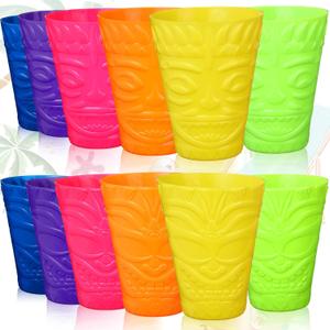 Domensi 12 Pack Tiki Plastic Cups Bulk 10oz Hawaiian Cups Hard Plastic Material Tiki Statue Drinking Cup for Summer Luau Party Drinkware Supplies