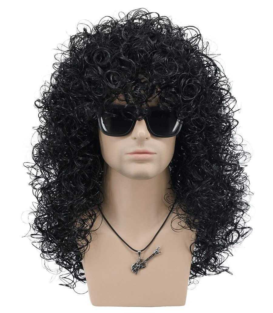 VGbeaty Mens Slash Long Curly Black Hard 70s 80s Rocker Wig Halloween Costume Cosplay Wig (Black)
