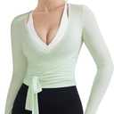 SUUKSESS Women Pilates Wrap Workout Cropped Top Ribbed Long Sleeve V Neck Tie Front Ballet Yoga Shrug Blouse (Medium)