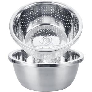 2 PCS 304 Stainless Steel Colander Strainers 5QT Metal Strainer With Mixing Bowl Large Colander For Kitchen Rice Washer Strainer Bowl for Washing Vegetables, Fruit, and Rice, Dishwasher Safe