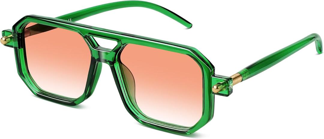 Retro Aviator Sunglasses for Women Men - 70s Trendy Square Vintage Shade Sun Glasses UV Protection (01 Transparent Green/Gradient Orange)