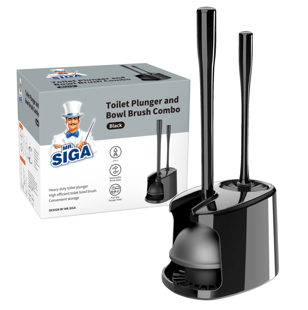 MR.SIGA Toilet Plunger and Bowl Brush Set with Holder, Bathroom Cleaning , Black, 1 Set,for Adults