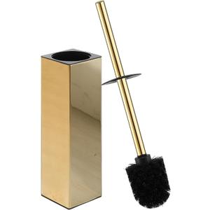 Square Toilet Brush with Holder,Stainless Steel Rubber Painted Toilet Bowl Brush and Holder for Bathroom,2 Cleaner Brush Heads,Gold