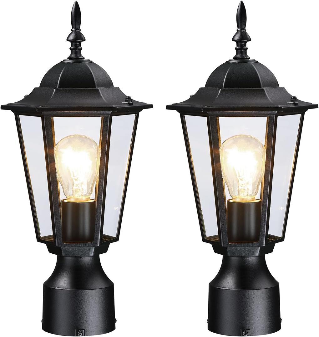 Outdoor Post Lights 2 Pack, Black Lamp Post Light Fixture, Waterproof Pillar Lights Outdoor Column Lights, Outdoor Pole Light with Clear Glass, Outside Lamp Post for Garden Yard, Not Included Base