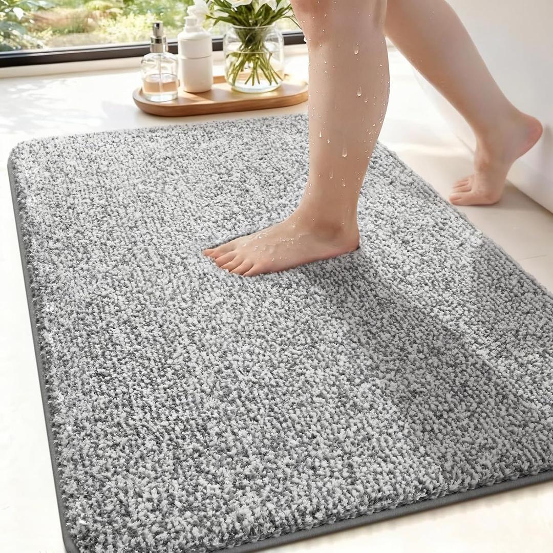 ISEAU Bathroom Rugs 24x17, Super Absorbent Microfiber Bath Mat, Non-Slip Shower Rug with TPR Backing, Thick Plush Machine Washable Bathtub Carpet for Bathrooms Decor, Light Grey/White