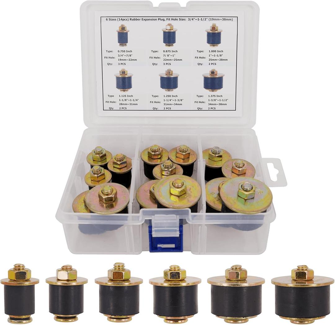 6 Sizes (14pcs) Neoprene Rubber Expansion Plug 3/4" 7/8" 1" 1-1/8" 1-1/4" 1-3/8", Automotive Rubber Freeze Frost Plug Fit Hole Size: 3/4"~1-1/2" (19mm~38mm)